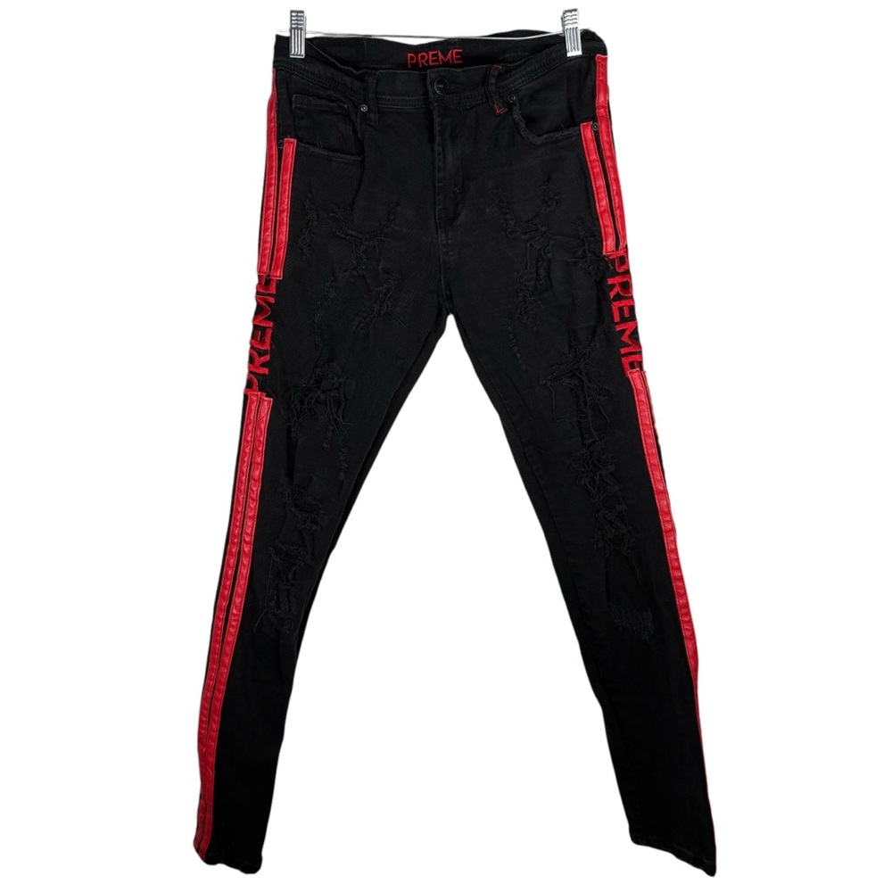 Preme 34x33 Mens Denim Jeans Rips Holes Leather Distressed Trendy Skinny Leg